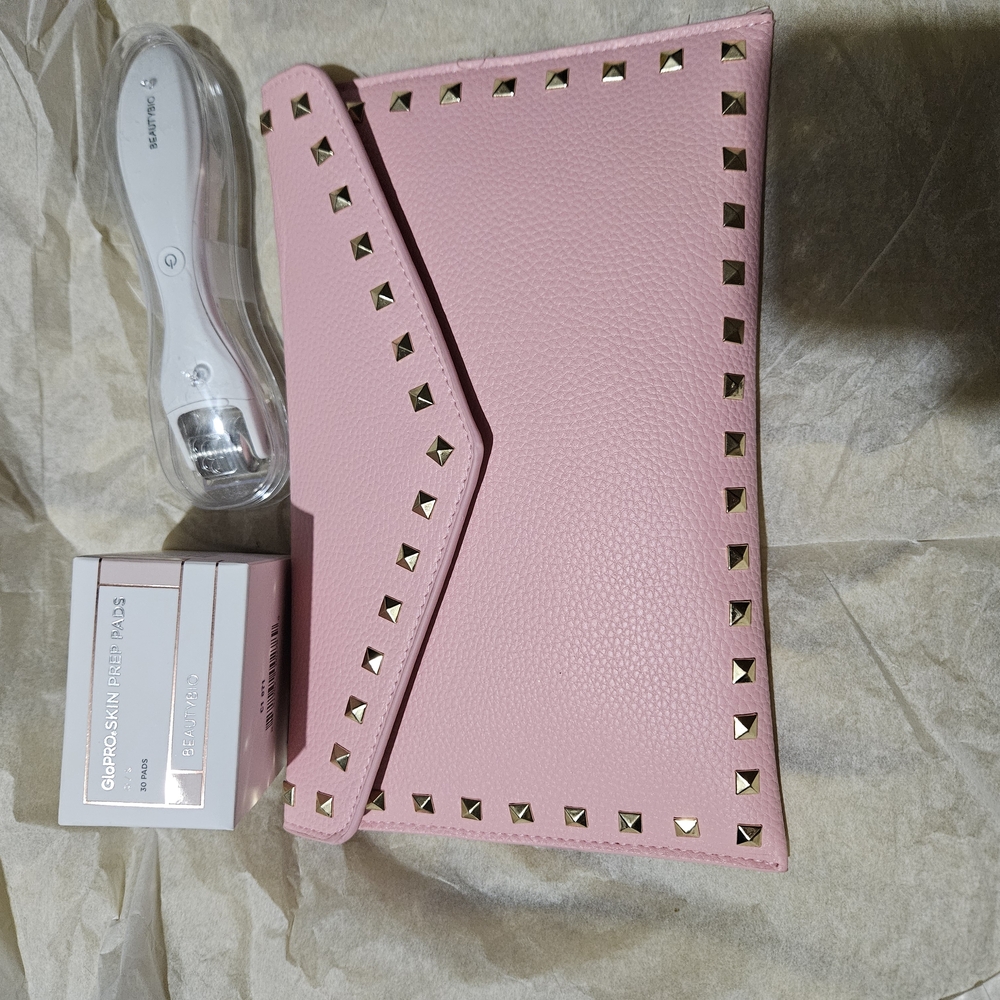 BeautyBio Facial Tool, Prep Pads And Studded Pink Clutch
